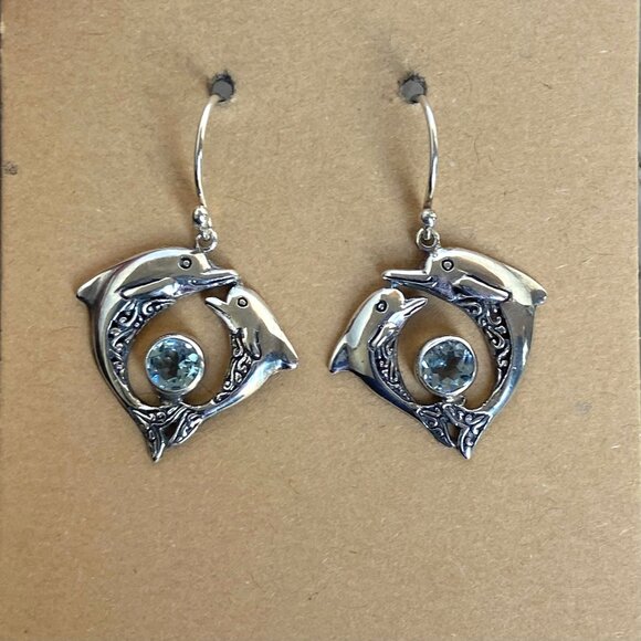 Sterling Silver 925 Blue Topaz Dolphin Earrings & Pendant Necklace Set 18" - Picture 2 of 16